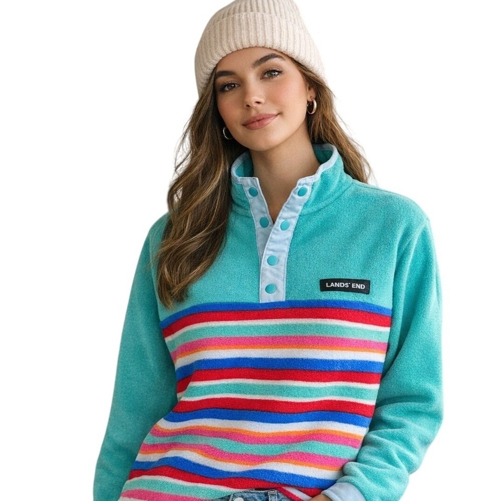 Lands' End Heritage Style Snap Neck Fleece Pullover Colorblock Striped Gorpcore